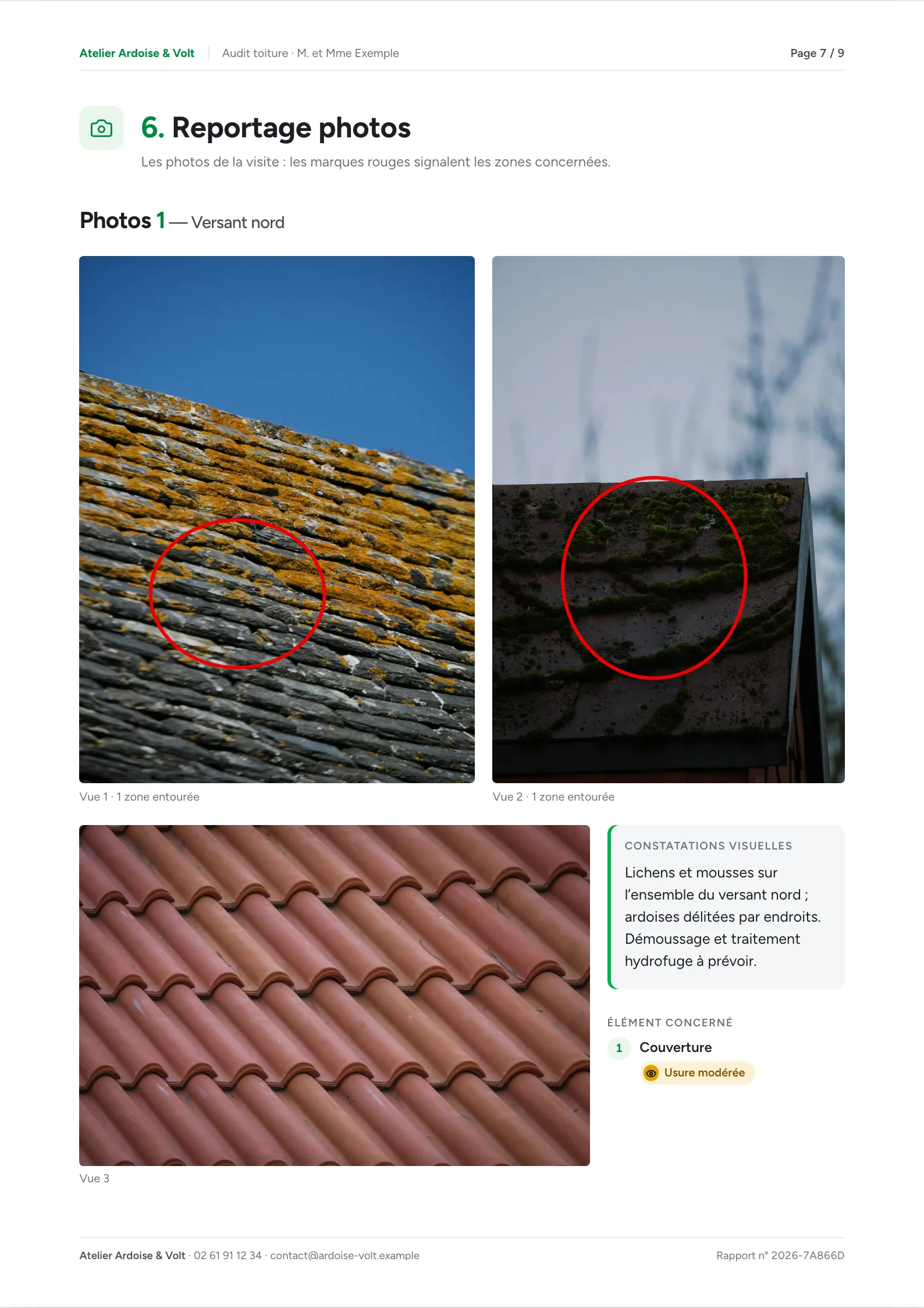 Page A4 d’un rapport : toiture couverte de lichens et de mousse, deux défauts entourés, constatations et état