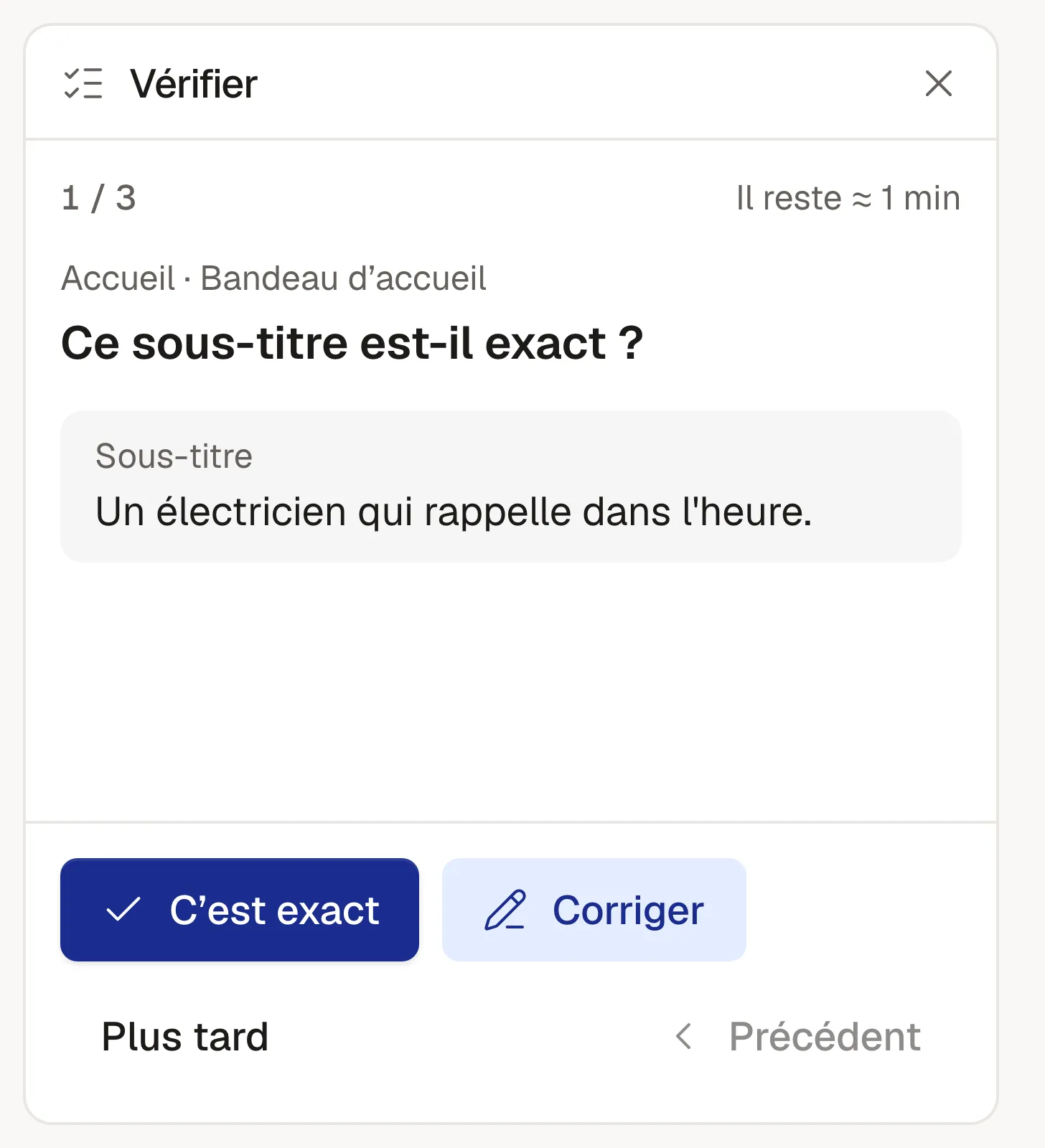 Outil Vérifier de l’éditeur du site : la question Ce sous-titre est-il exact ?, avec C’est exact et Corriger