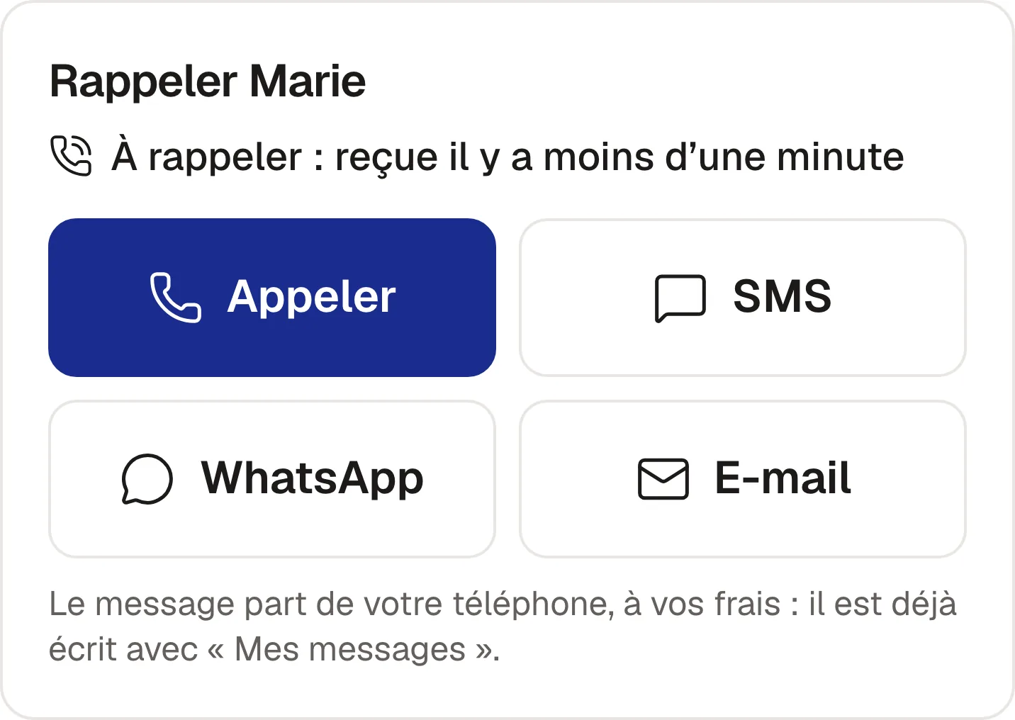 Rappeler Marie, demande venue du site : à rappeler, avec les boutons Appeler, SMS, WhatsApp et E-mail